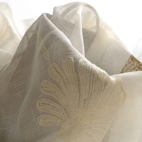 White Sheer Linen Cotton Thread Embroidery Panel Curtains 100x102 Inch