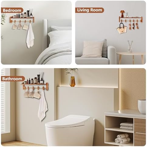 Floating Wall Shelf with 6 Hooks for Home Storage