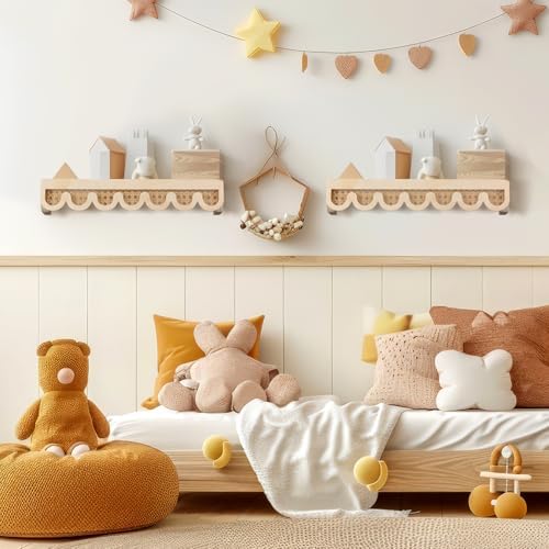 Pinkunn 2 Pcs Scalloped Rattan Wall Shelf for Nursery