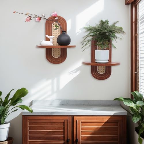 Boho Rattan Floating Shelves Set of 2 for Living Room and Bedroom