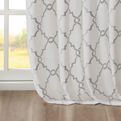 Fretwork Print Grommet Top Curtain Panel Ivory and Grey 50x108 Inches