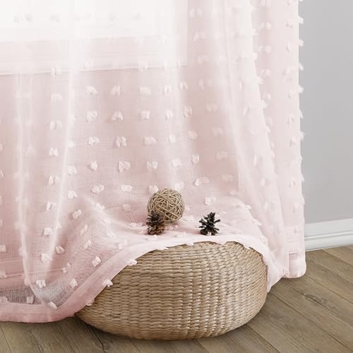 Guken Pom Pom Sheer Curtains 120 Length 2 Panels Pink