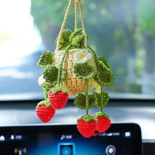 Crochet Hanging Plant Car Ornament Deep Green Leaves Strawberry