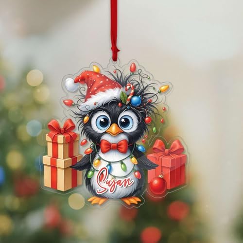 Personalized Penguin Christmas Ornament with Gift Boxes