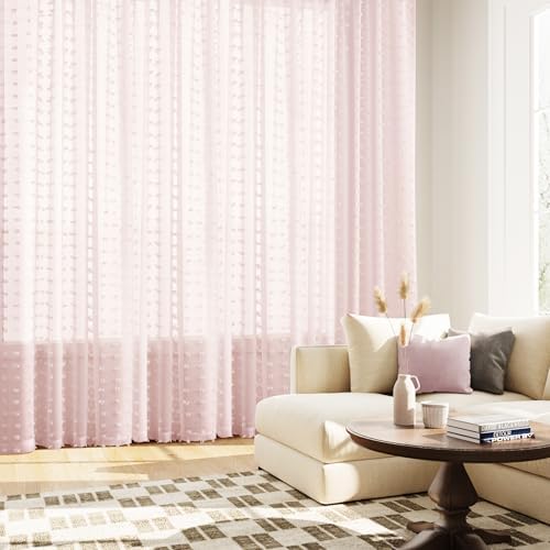 Guken Pom Pom Sheer Curtains 120 Length 2 Panels Pink