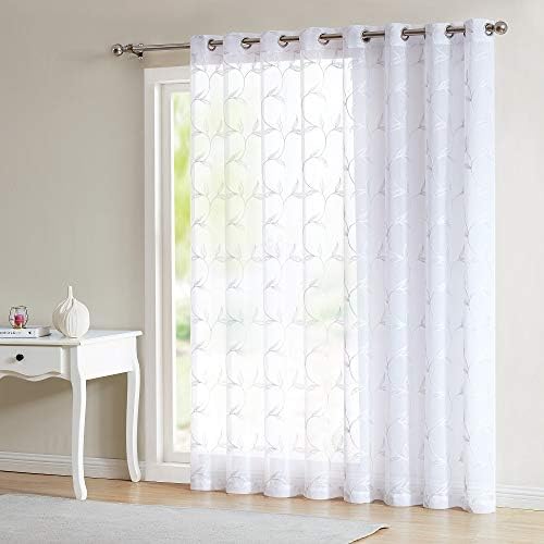 Warm Home Designs Sheer White Faux-Linen Curtain Panel with Silver Leaf Embroidery