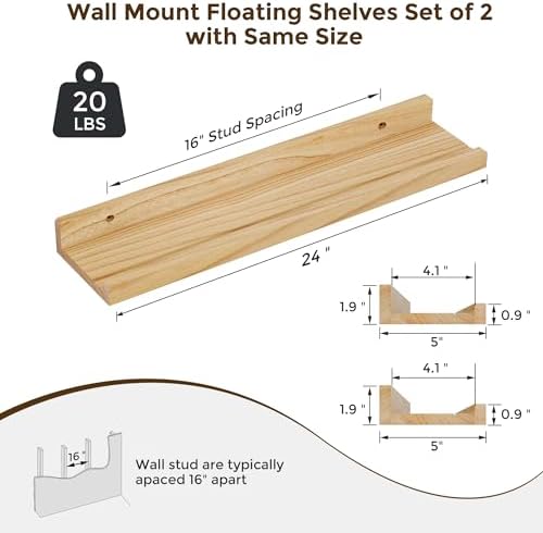Richfocus 24 Inch Solid Wood Floating Shelf Set of 2 Natural