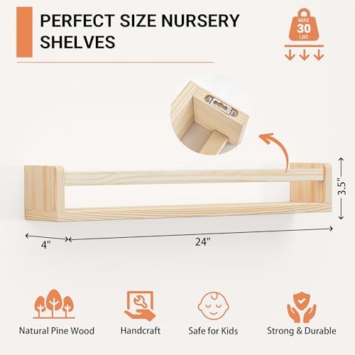 24 Inch Solid Wood Floating Shelves Set of 2 for Nursery