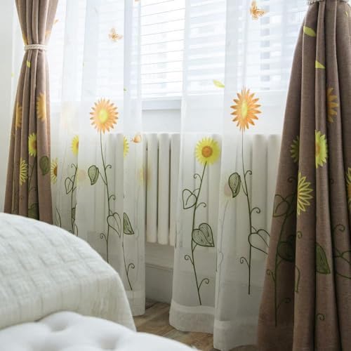 Pastoral Sunflower Embroidery Sheer Curtains Panel 100x102 Inch White