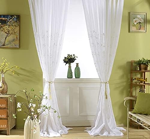 Iuokuby Rustic Style Sheer Curtains with Embroidered Leaves Floral 2 Panels White