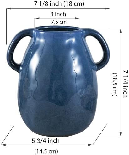 Blue Ceramic Vase with 2 Handles - Modern Farmhouse Decor