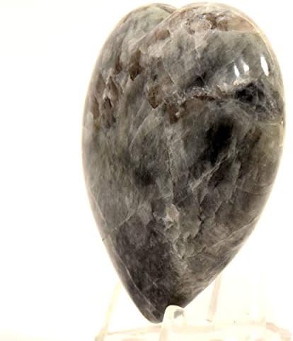 Black Moonstone Puffy Heart with Smoky Quartz Display Stand