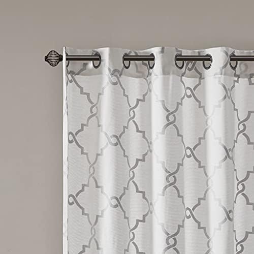Fretwork Print Grommet Top Curtain Panel Ivory and Grey 50x108 Inches
