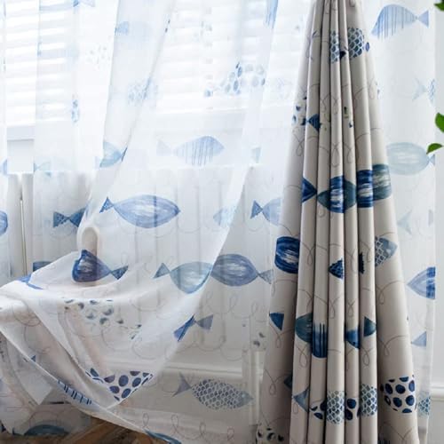 Iuokuby Cartoon Ocean Fish Embroidery Curtains Panel White 100x102 inch