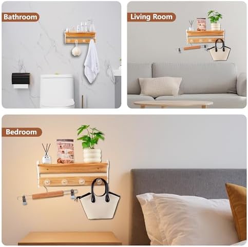 Floating Wall Shelves with Hooks 16 Inch Solid Wood