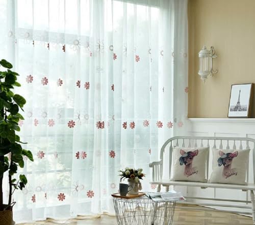 Small Flower Embroidery Sheer Curtains 2 Panels Pink Rod Pocket