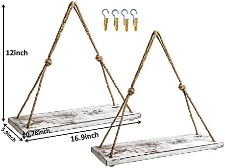 2-Piece Rustic White Wood Shelf Set with Hooks and Ropes