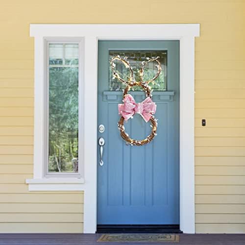 Foldable Rattan Rabbit Wreath Hanger with LED Light