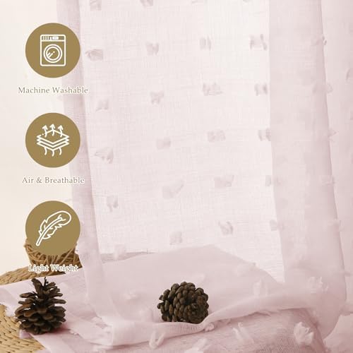 Guken Pom Pom Sheer Curtains 120 Length 2 Panels Pink