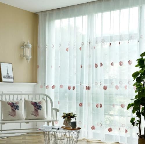 Small Flower Embroidery Sheer Curtains 2 Panels Pink Rod Pocket