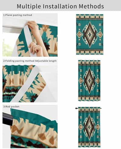 Green Southwestern Self Adhesive Blackout Curtains for Windows