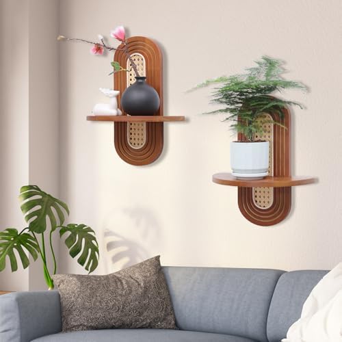Boho Rattan Floating Shelves Set of 2 for Living Room and Bedroom