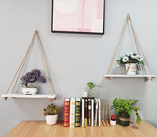2-Piece Rustic White Wood Shelf Set with Hooks and Ropes