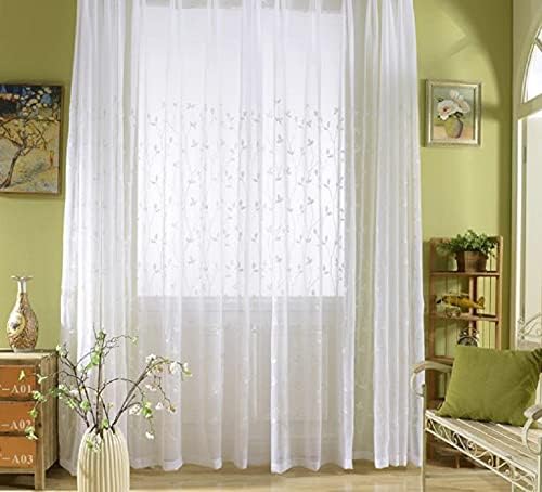 Iuokuby Rustic Style Sheer Curtains with Embroidered Leaves Floral 2 Panels White