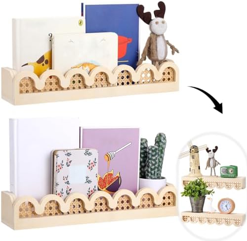 Pinkunn 2 Pcs Scalloped Rattan Wall Shelf for Nursery