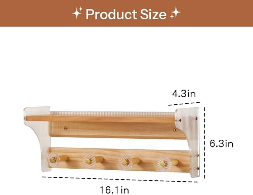 Floating Wall Shelves with Hooks 16 Inch Solid Wood