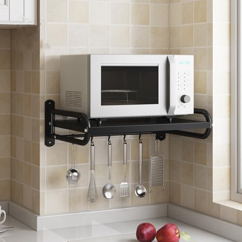 Wall Mount Microwave Oven Shelf with 6 Hooks Black