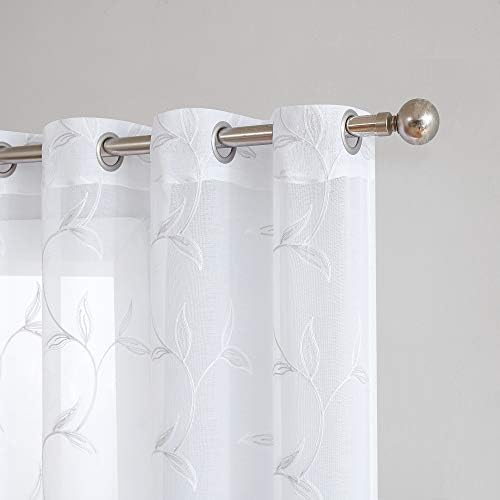 Warm Home Designs Sheer White Faux-Linen Curtain Panel with Silver Leaf Embroidery