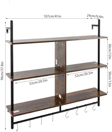 3 Tiers Wood Floating Shelving with Hooks