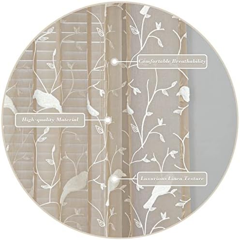 VOGOL White Bird Pattern Taupe Sheer Curtains 2 Panels