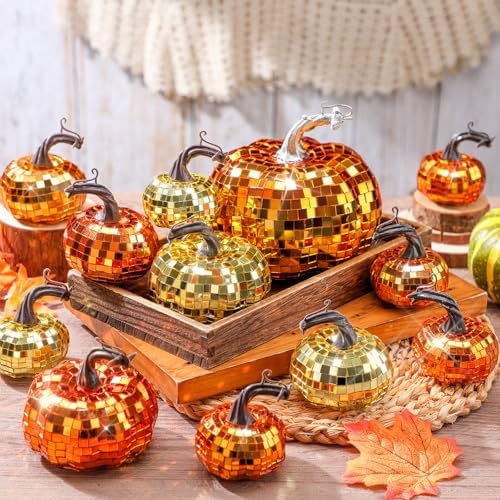 Lenwen 12 Pcs Mirrored Glitter Pumpkin Decor Set