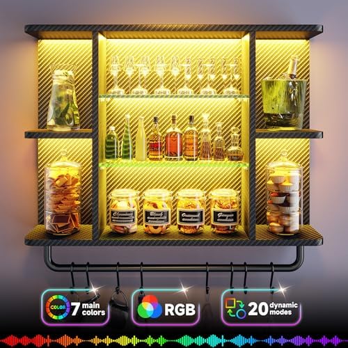 REIBII Gaming Floating Shelves with LED Lighting and Adjustable Glass