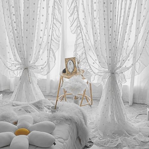 Gxi White Sheer Pompom Curtains for Large Bay Windows 1 Panel