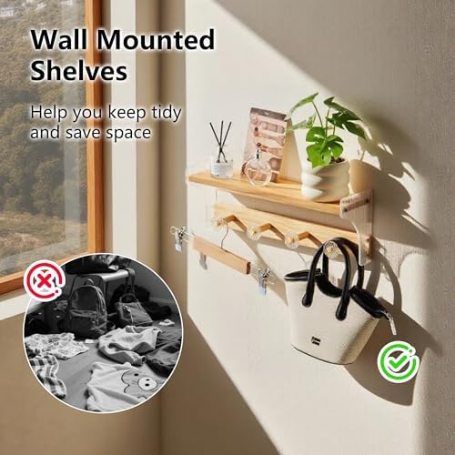 Floating Wall Shelves with Hooks 16 Inch Solid Wood