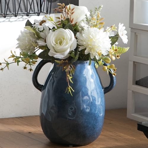 Blue Ceramic Vase with 2 Handles - Modern Farmhouse Decor