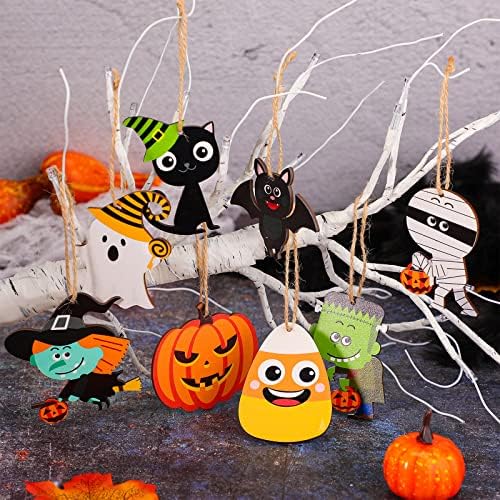 24 Pcs Halloween Wood Tree Ornaments with Rope
