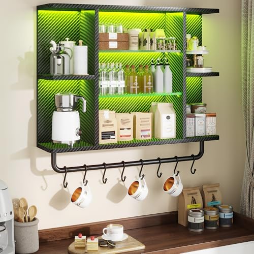 REIBII Gaming Floating Shelves with LED Lighting and Adjustable Glass