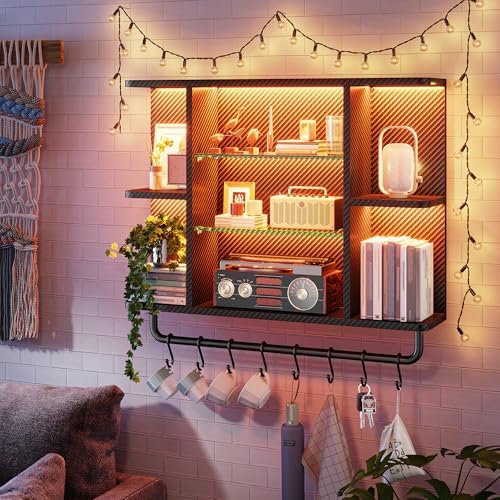 REIBII Gaming Floating Shelves with LED Lighting and Adjustable Glass