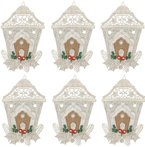 German Christmas Ornament Set of 6 White Lace Lantern with Gingerbread House