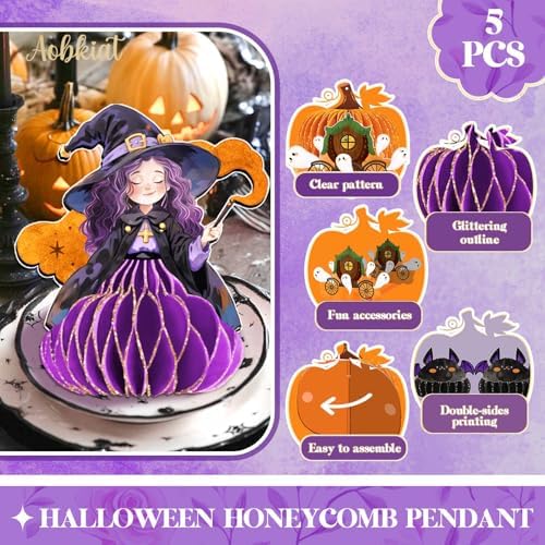 AOBKIAT Halloween Hanging Decorations 5PCS Gold Glitter Ornaments