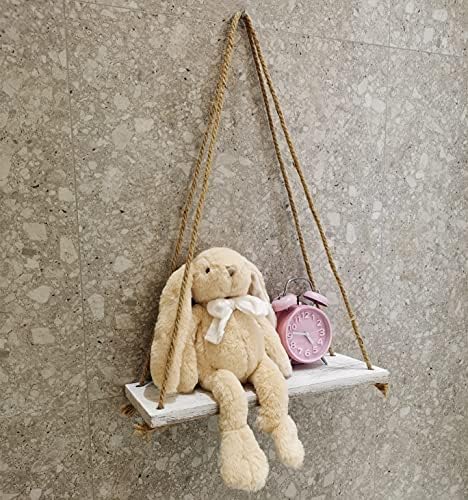 2-Piece Rustic White Wood Shelf Set with Hooks and Ropes
