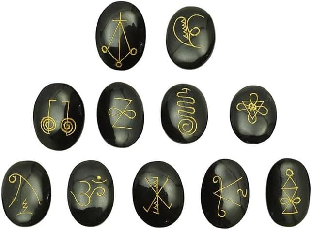 11 Pcs Black Onyx Karuna Palm Reiki Symbol Stone Set
