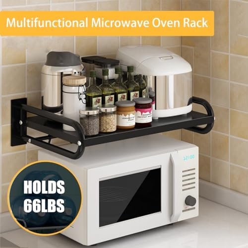 Wall Mount Microwave Oven Shelf with 6 Hooks Black