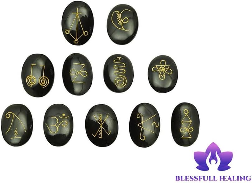 11 Pcs Black Onyx Karuna Palm Reiki Symbol Stone Set