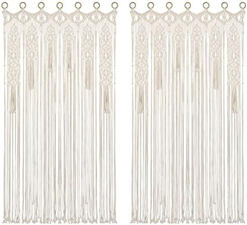 Boho Macrame Curtain Room Divider with Wood Grommets 2 Panels