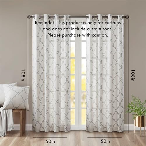 Fretwork Print Grommet Top Curtain Panel Ivory and Grey 50x108 Inches